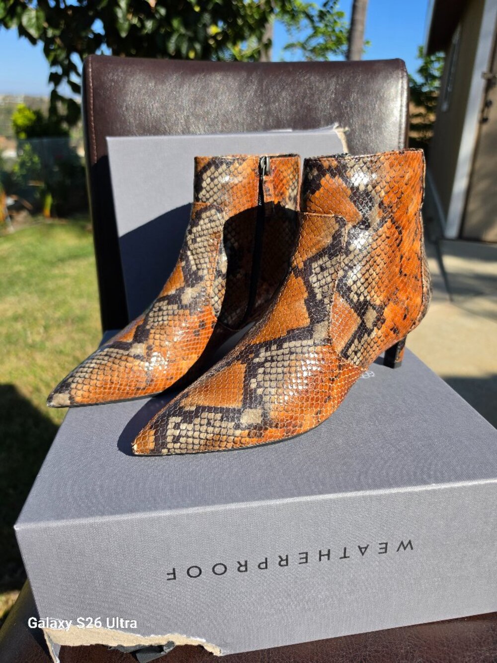 AQUATALIA Cognac Snake Print Leather Marilisa Kitten Heel Booties 7.5M w/ Box